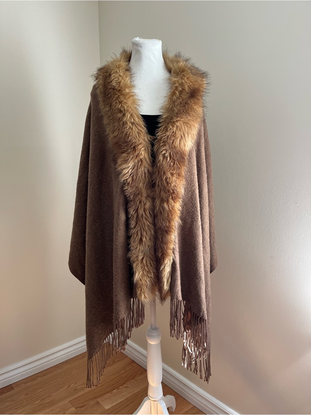 Ash Brown Faux Fur Trim Poncho Cape